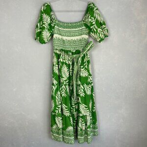 Aura maxi dress size M square neck puff sleeve Kelly green leaf print cotton